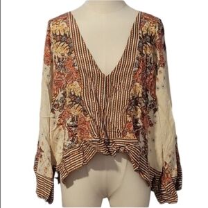 Free People Orange and Cream Floral Striped Bohemian V-Neck Blouse Size Large